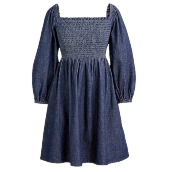 NWT J. Crew Smocked puff-sleeve dress in chambray XXS - Picture 1 of 5